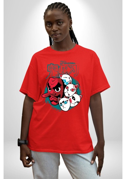 Demon Slayer Urokodaki Maskeler Anime Kadın Erkek Ön Baskılı Kırmızı Pamuklu Tişört Penye Klasik indirimleri