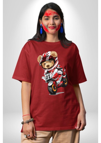 Profesyonel Motorcu Oyuncak Ayı Kadın Erkek Ön Baskılı Kırmızı Pamuklu Tişört Penye Klasik fiyatları