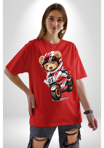 Profesyonel Motorcu Oyuncak Ayı Kadın Erkek Ön Baskılı Kırmızı Pamuklu Tişört Penye Klasik modelleri
