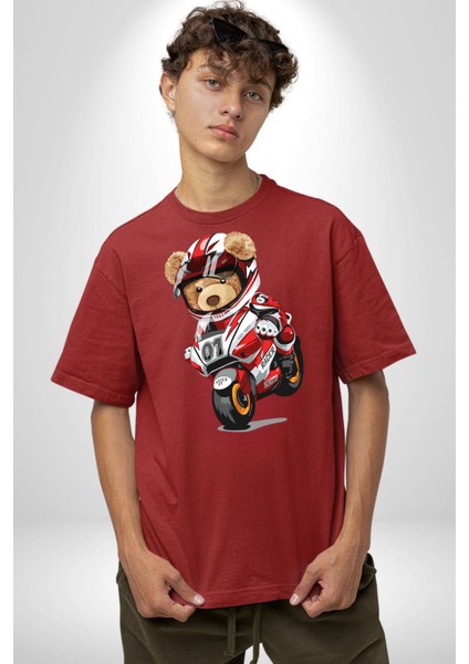Profesyonel Motorcu Oyuncak Ayı Kadın Erkek Ön Baskılı Kırmızı Pamuklu Tişört Penye Klasik fırsatları