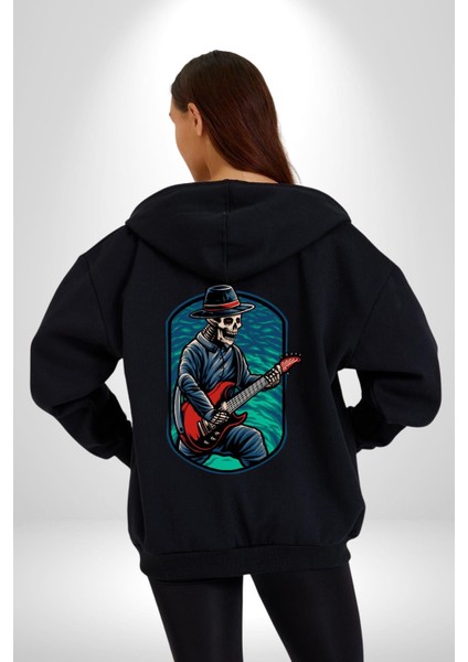 Gitarist Kurukafa Şapkalı Havalı Kadın Erkek Baskılı Fermuarlı Kapüşonlu Hırka Sweatshirt