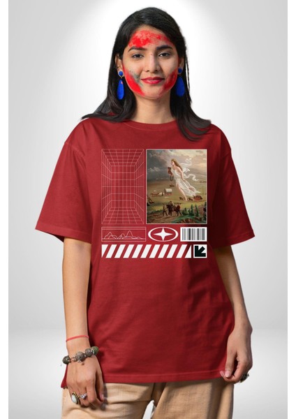 Orta Çağ Melekler ve Insanlar Kadın Erkek Ön Baskılı Kırmızı Pamuklu Tişört Penye Klasik