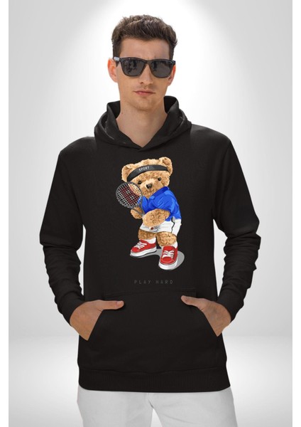 Tenisçi Tatlı Oyuncak Ayı Kadın Erkek Baskılı Üç Iplik Siyah Kapüşonlu Hodie Sweatshirt