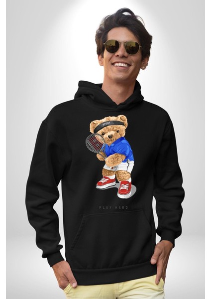 Tenisçi Tatlı Oyuncak Ayı Kadın Erkek Baskılı Üç Iplik Siyah Kapüşonlu Hodie Sweatshirt