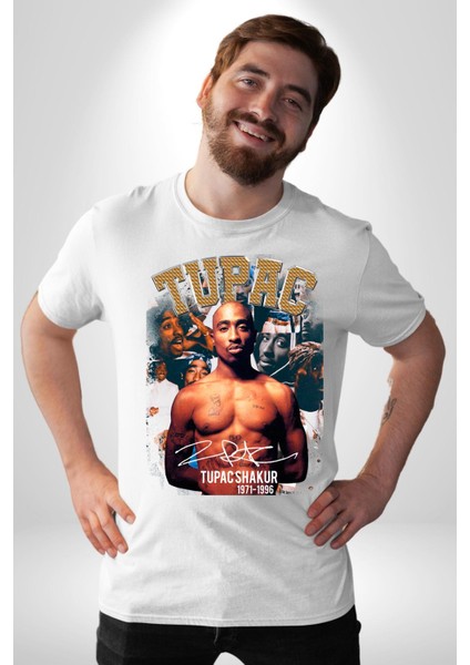 Tupac Shakur Rap Efsanesi Imza Kadın Erkek Ön Baskılı Beyaz Pamuklu Tişört Penye Klasik fırsatları