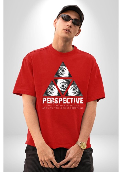 Perspektif Gözler ve Üçgen Kadın Erkek Ön Baskılı Kırmızı Pamuklu Tişört Penye Klasik