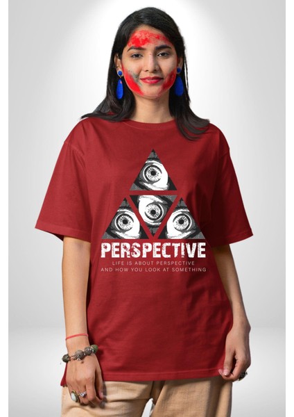 Perspektif Gözler ve Üçgen Kadın Erkek Ön Baskılı Kırmızı Pamuklu Tişört Penye Klasik fiyatları