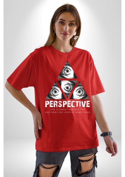Perspektif Gözler ve Üçgen Kadın Erkek Ön Baskılı Kırmızı Pamuklu Tişört Penye Klasik modelleri