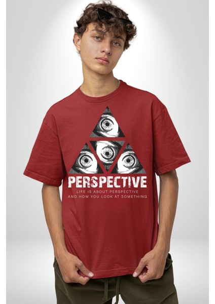 Perspektif Gözler ve Üçgen Kadın Erkek Ön Baskılı Kırmızı Pamuklu Tişört Penye Klasik fırsatları