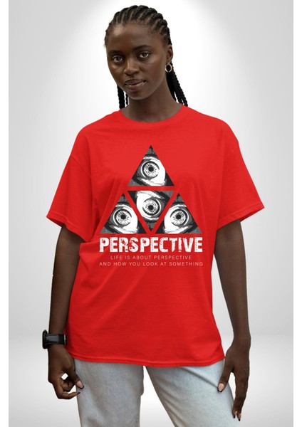 Perspektif Gözler ve Üçgen Kadın Erkek Ön Baskılı Kırmızı Pamuklu Tişört Penye Klasik indirimleri