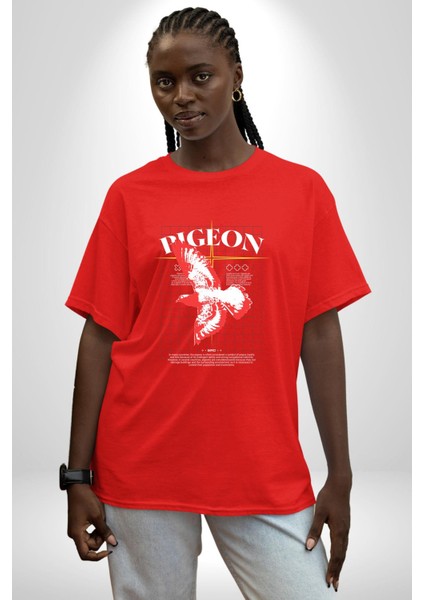 Güvercin Sokak Tarzı Kadın Erkek Ön Baskılı Kırmızı Pamuklu Tişört Penye Klasik