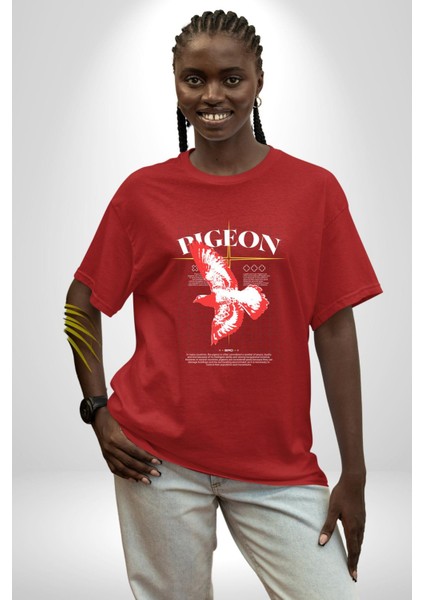 Güvercin Sokak Tarzı Kadın Erkek Ön Baskılı Kırmızı Pamuklu Tişört Penye Klasik modelleri