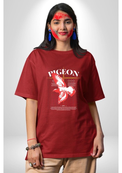 Güvercin Sokak Tarzı Kadın Erkek Ön Baskılı Kırmızı Pamuklu Tişört Penye Klasik indirimleri