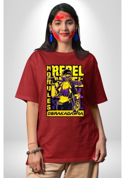 Isyancı Havalı Kadın Kadın Erkek Ön Baskılı Kırmızı Pamuklu Tişört Penye Klasik