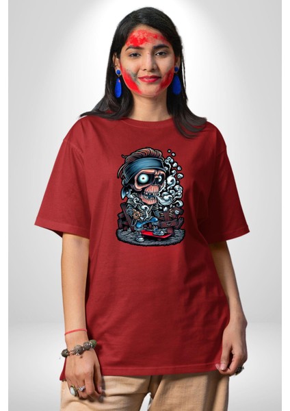 Kaykay Süren Iskelet Adam Kadın Erkek Ön Baskılı Kırmızı Pamuklu Tişört Penye Klasik