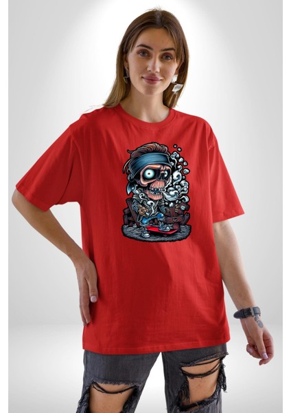 Kaykay Süren Iskelet Adam Kadın Erkek Ön Baskılı Kırmızı Pamuklu Tişört Penye Klasik fiyatları