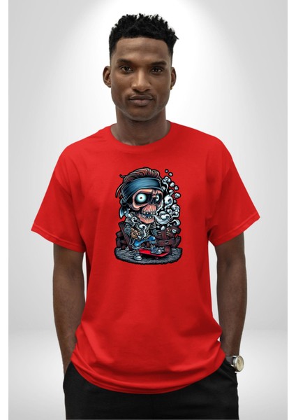Kaykay Süren Iskelet Adam Kadın Erkek Ön Baskılı Kırmızı Pamuklu Tişört Penye Klasik indirimleri