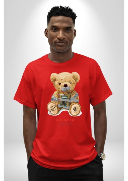 Tatlı Rehine Oyuncak Ayı Kadın Erkek Ön Baskılı Kırmızı Pamuklu Tişört Penye Klasik