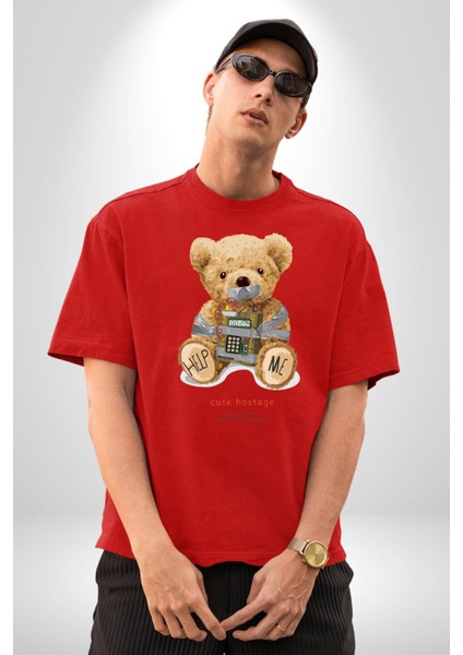 Tatlı Rehine Oyuncak Ayı Kadın Erkek Ön Baskılı Kırmızı Pamuklu Tişört Penye Klasik modelleri