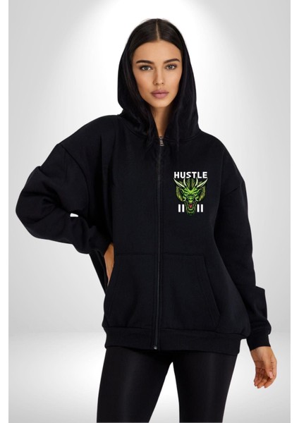 Çin Motifli Havalı Ejderha Kadın Erkek Baskılı Fermuarlı Kapüşonlu Hırka Sweatshirt