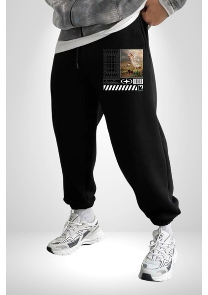 Orta Çağ Melekler ve Insanlar Rahat Siyah Dijital Baskılı Kadın Erkek Eşofman Altı