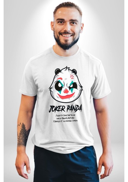 Panda Tatlı Ayıcık Dövmeli Kadın Erkek Ön Baskılı Beyaz Pamuklu Tişört Penye Klasik indirimleri