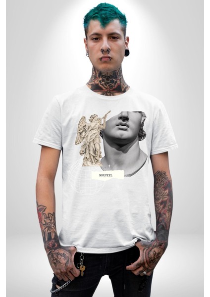 Yunan Heykeli Gezegen Prototip Kadın Erkek Ön Baskılı Beyaz Pamuklu Tişört Penye Klasik