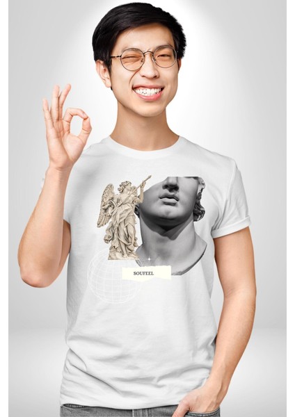 Yunan Heykeli Gezegen Prototip Kadın Erkek Ön Baskılı Beyaz Pamuklu Tişört Penye Klasik modelleri