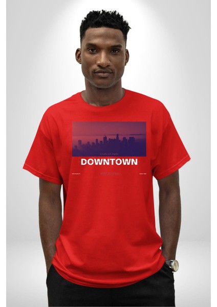 Şehir Merkezi Los Angeles Modern Kadın Erkek Ön Baskılı Kırmızı Pamuklu Tişört Penye Klasik