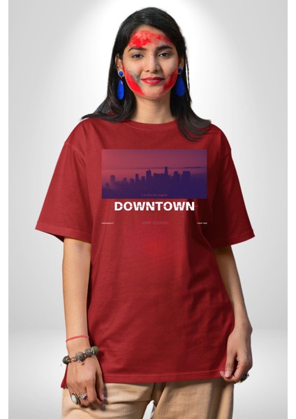 Şehir Merkezi Los Angeles Modern Kadın Erkek Ön Baskılı Kırmızı Pamuklu Tişört Penye Klasik fırsatları