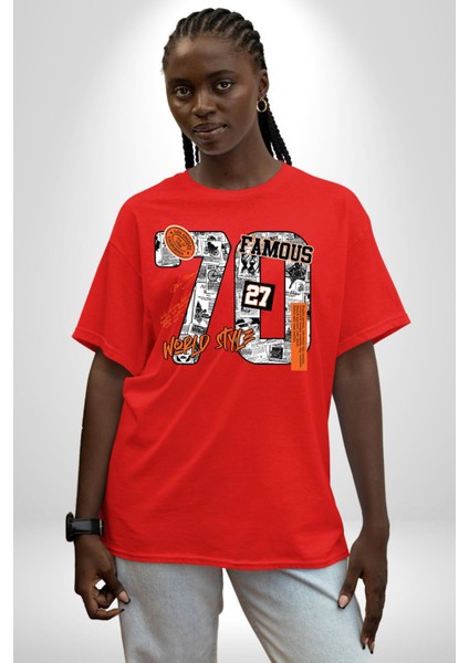 Yetmişler Dünya Sokak Tarzı Kadın Erkek Ön Baskılı Kırmızı Pamuklu Tişört Penye Klasik
