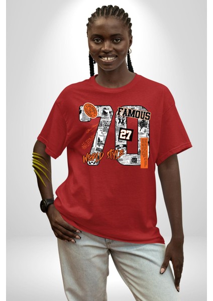 Yetmişler Dünya Sokak Tarzı Kadın Erkek Ön Baskılı Kırmızı Pamuklu Tişört Penye Klasik modelleri