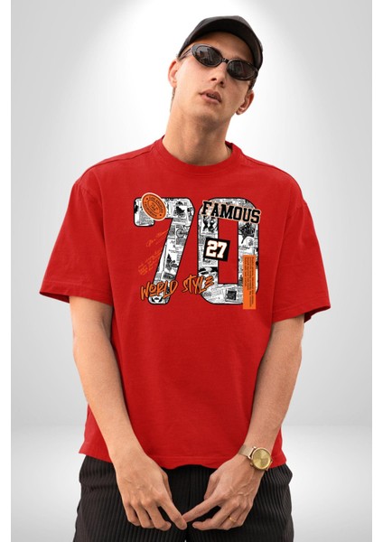 Yetmişler Dünya Sokak Tarzı Kadın Erkek Ön Baskılı Kırmızı Pamuklu Tişört Penye Klasik fırsatları