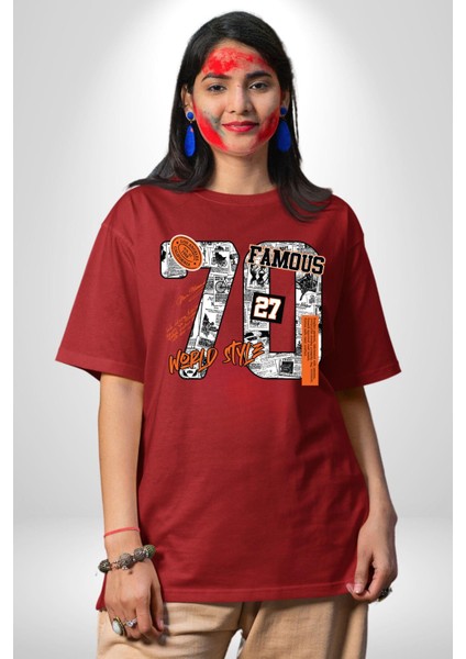 Yetmişler Dünya Sokak Tarzı Kadın Erkek Ön Baskılı Kırmızı Pamuklu Tişört Penye Klasik indirimleri