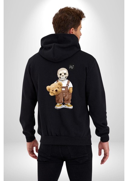 Merhaba Kurukafa Oyuncak Ayı Kadın Erkek Baskılı Fermuarlı Kapüşonlu Hırka Sweatshirt