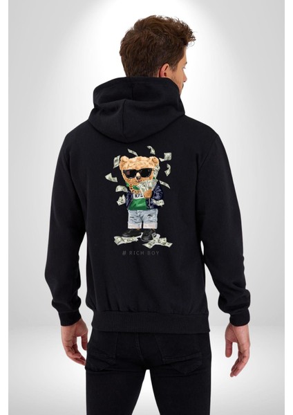 Zengin Çocuk Oyuncak Ayı Kadın Erkek Baskılı Fermuarlı Kapüşonlu Hırka Sweatshirt