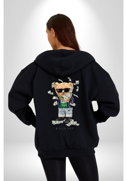 Zengin Çocuk Oyuncak Ayı Kadın Erkek Baskılı Fermuarlı Kapüşonlu Hırka Sweatshirt