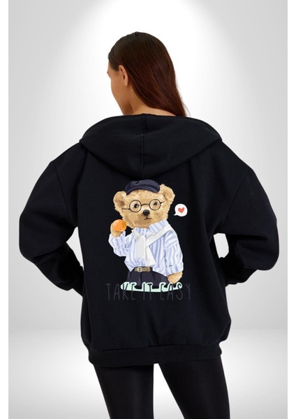 Boşver Oyuncak Tatlı Ayı Kadın Erkek Baskılı Fermuarlı Kapüşonlu Hırka Sweatshirt indirimleri
