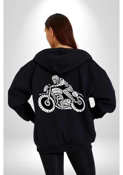 Kaligram Motorsiklet Havalı Kadın Erkek Baskılı Fermuarlı Kapüşonlu Hırka Sweatshirt indirimleri