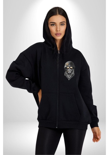 Barış Askeri Gözlüklü Goril Kadın Erkek Baskılı Fermuarlı Kapüşonlu Hırka Sweatshirt