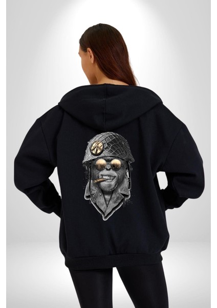 Barış Askeri Gözlüklü Goril Kadın Erkek Baskılı Fermuarlı Kapüşonlu Hırka Sweatshirt