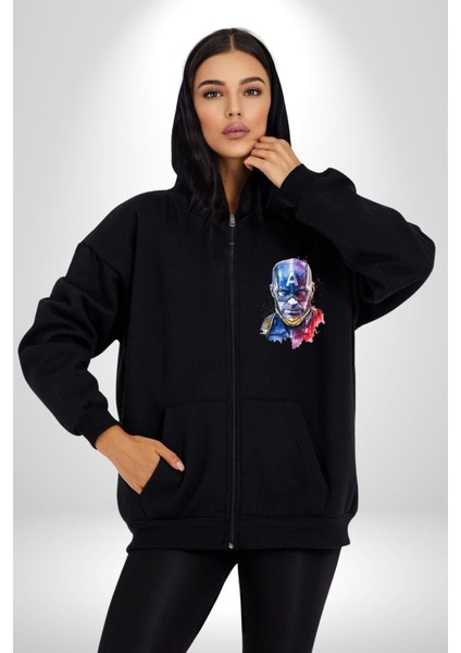 Kaptan Amerika Rengarenk Kahraman Kadın Erkek Baskılı Fermuarlı Kapüşonlu Hırka Sweatshirt