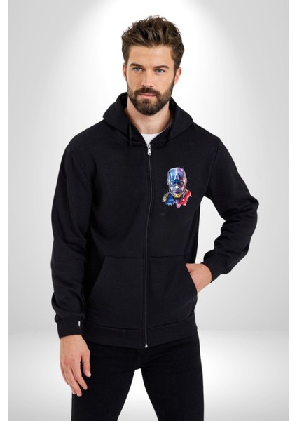 Kaptan Amerika Rengarenk Kahraman Kadın Erkek Baskılı Fermuarlı Kapüşonlu Hırka Sweatshirt