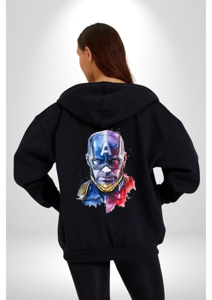 Kaptan Amerika Rengarenk Kahraman Kadın Erkek Baskılı Fermuarlı Kapüşonlu Hırka Sweatshirt