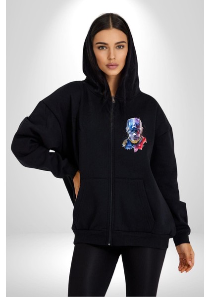 Kaptan Amerika Rengarenk Kahraman Kadın Erkek Baskılı Fermuarlı Kapüşonlu Hırka Sweatshirt
