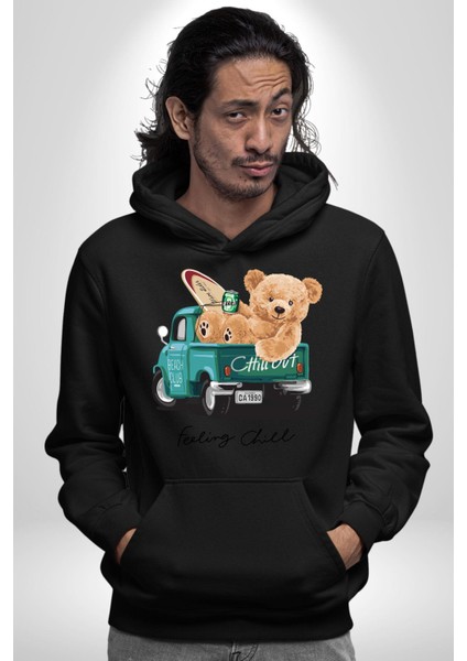 Sakin Takılmak Oyuncak Ayı Kadın Erkek Baskılı Üç Iplik Siyah Kapüşonlu Hodie Sweatshirt