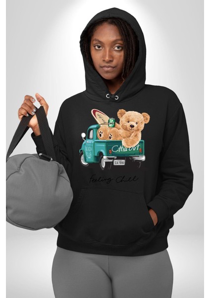 Sakin Takılmak Oyuncak Ayı Kadın Erkek Baskılı Üç Iplik Siyah Kapüşonlu Hodie Sweatshirt fiyatları