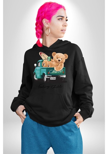 Sakin Takılmak Oyuncak Ayı Kadın Erkek Baskılı Üç Iplik Siyah Kapüşonlu Hodie Sweatshirt fırsatları