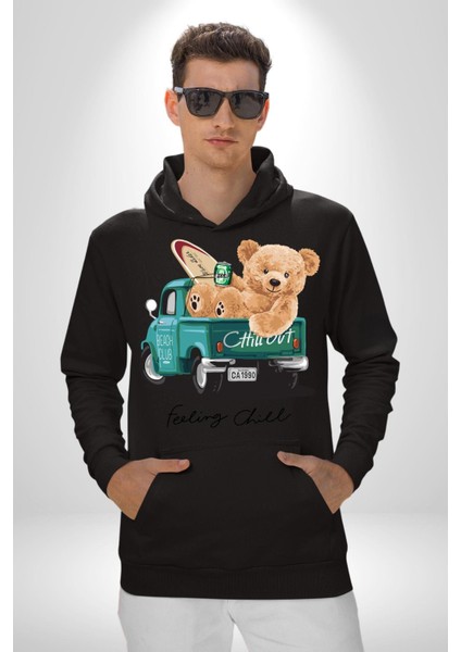 Sakin Takılmak Oyuncak Ayı Kadın Erkek Baskılı Üç Iplik Siyah Kapüşonlu Hodie Sweatshirt indirimleri