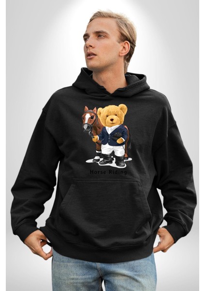 Binici Tatlı Havalı Oyuncak Ayı Kadın Erkek Baskılı Üç Iplik Siyah Kapüşonlu Hodie Sweatshirt